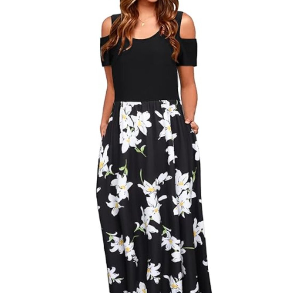 Styleword Women's Cold Shoulder Floral Maxi Long Dress with Pockets Size Medium